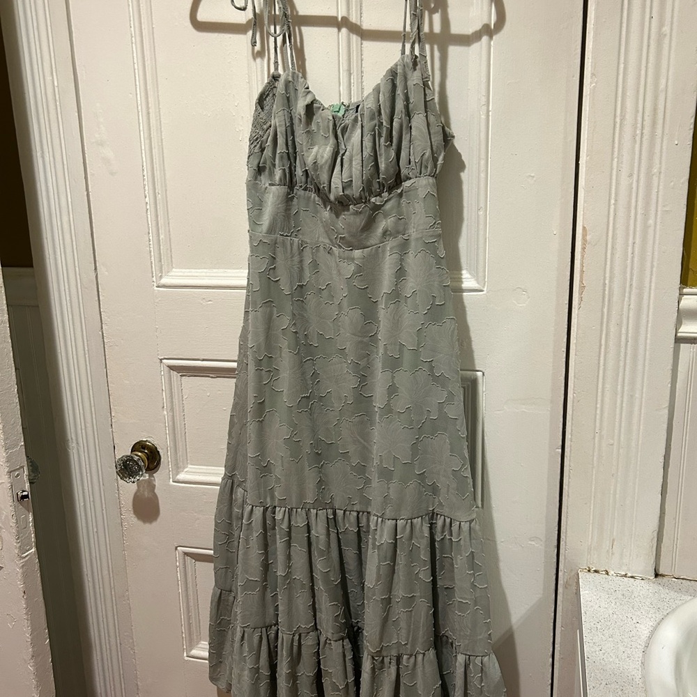 Lulu's Sweet Sentiments Sage Green Jacquard Tiered Midi Dress - Picture 4 of 4